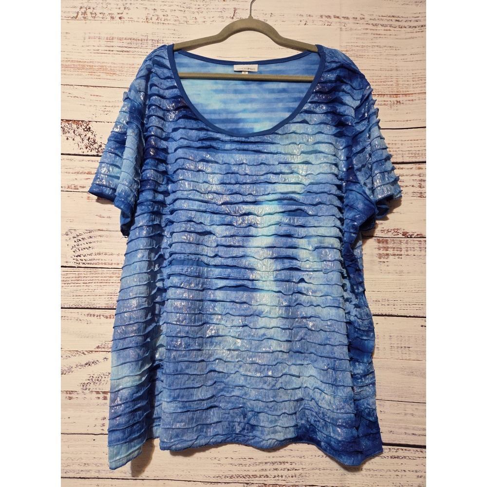 Fashion Bug Blue Tie Dye Ruffle Tiered Shimmer Top 3X Plus Size Scoop Neck